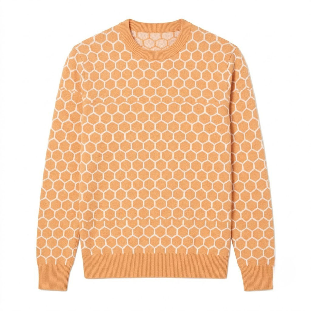 Hexagonal Pattern Wool Sweater - Light Orange & White